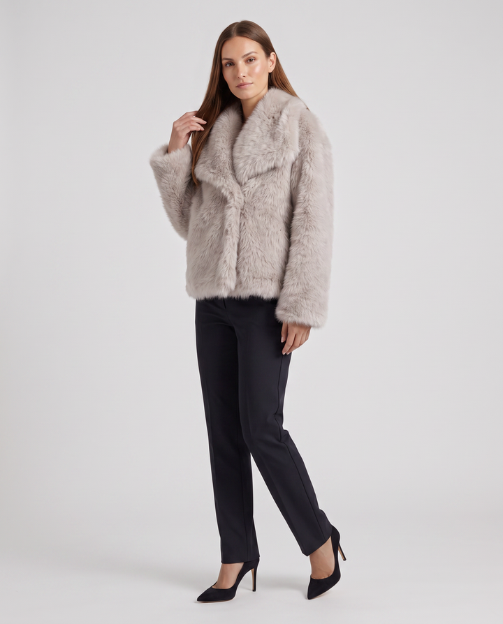 Beige Shaggy Faux Fur Jacket Collared Winter