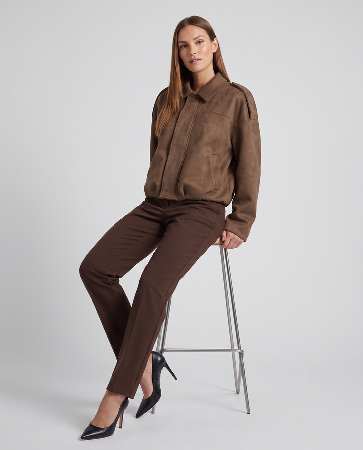 Brown Suede Look Bomber Jacket Zip Front Casual