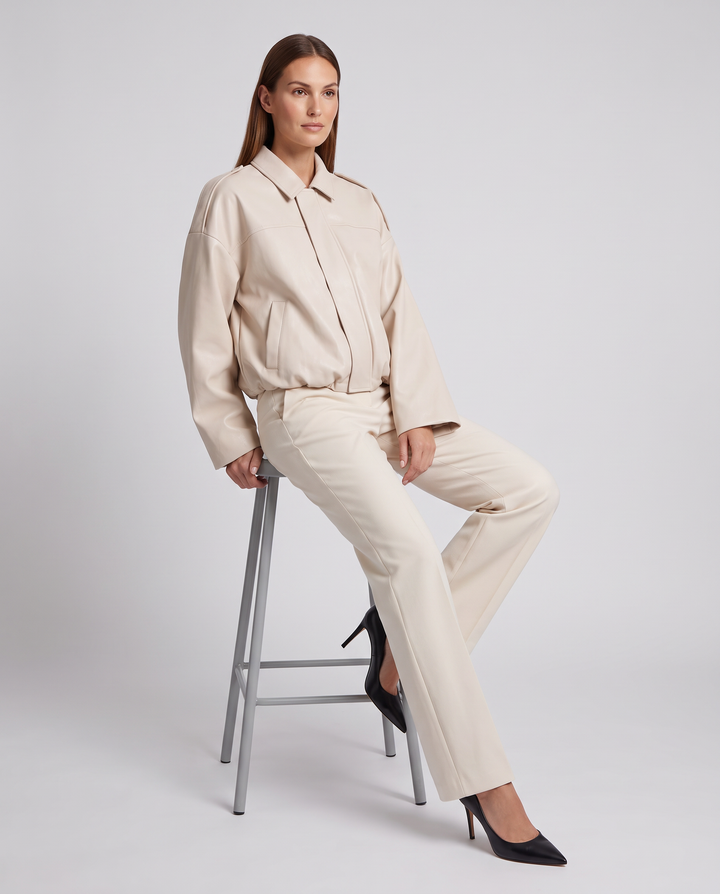 Cream Suede Look Bomber Jacket Zip Front Casual