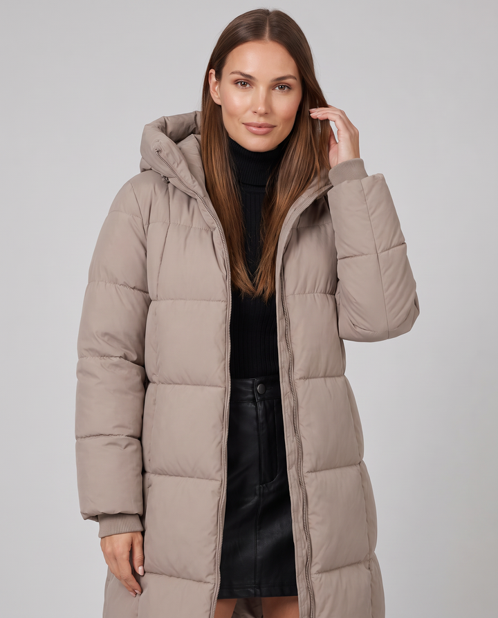 Khaki Hooded Puffer Coat Knee Length