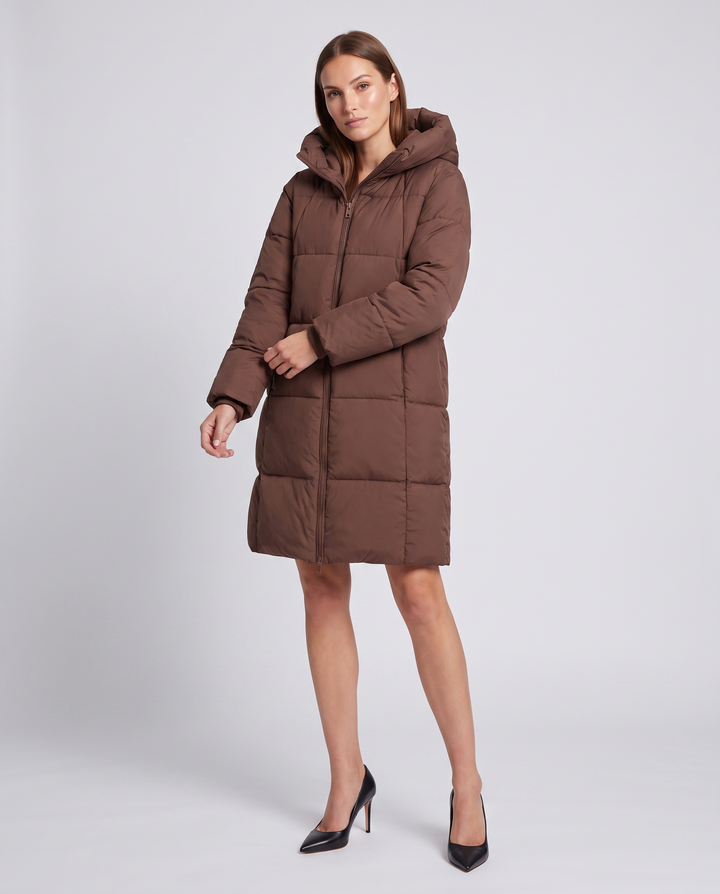Khaki Hooded Puffer Coat Knee Length