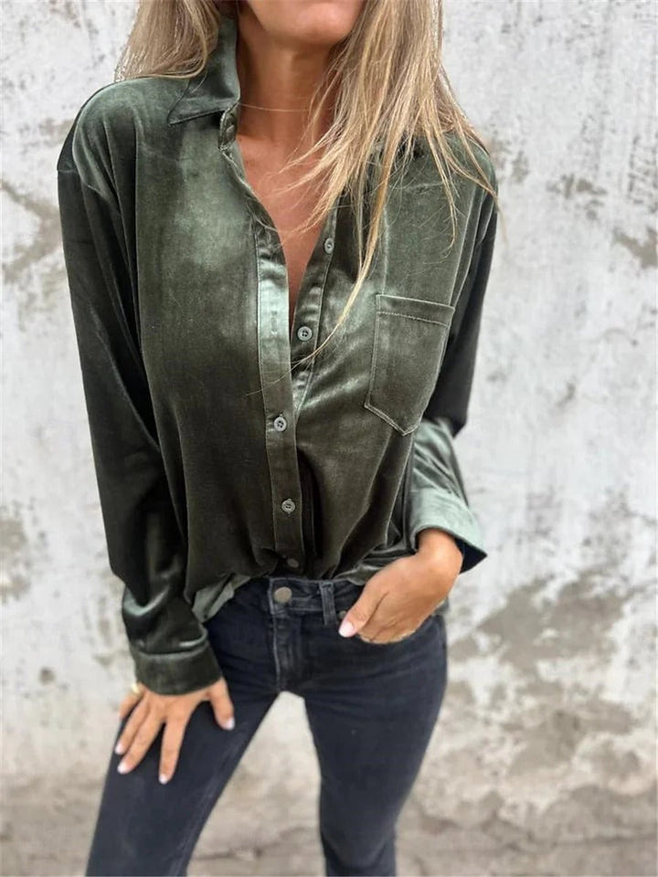 Catalyn Satin Blouse with Glossy Look Long Sleeve, view 3 - Elena Harper