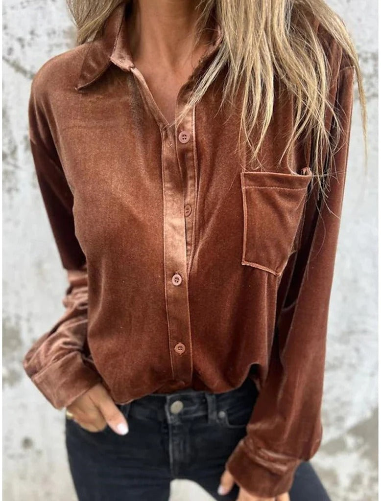 Catalyn Satin Blouse with Glossy Look Long Sleeve, view 4 - Elena Harper