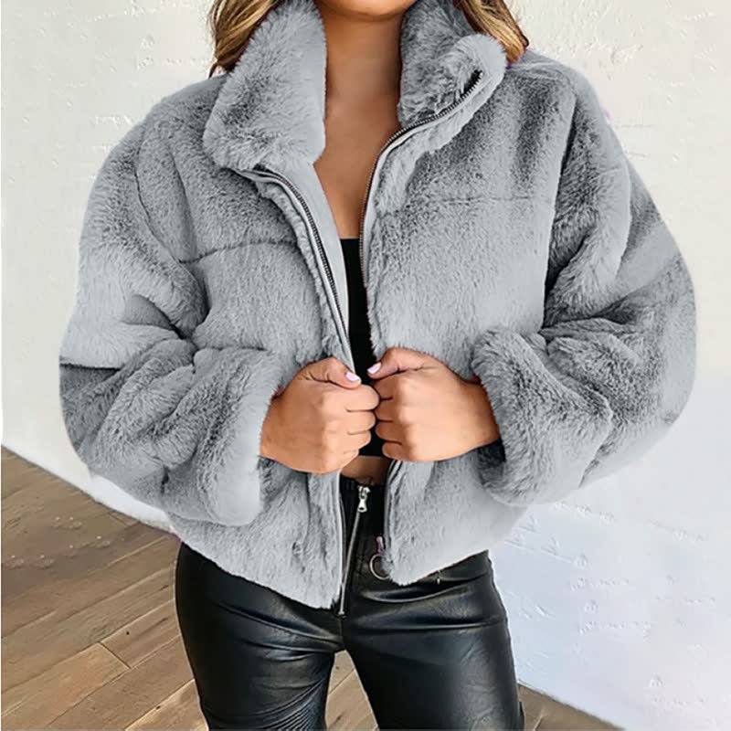 Soft and Comfortable Teddy Jacket for Women Short Zippered Coat with High Collar, view 5 - Elena Harper