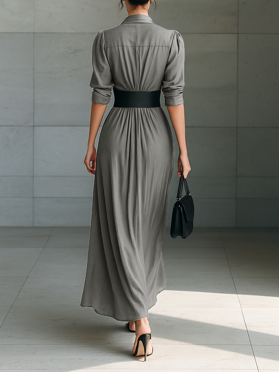 Women's Elegant Pleated Long Dress with Belt - Timeless Style