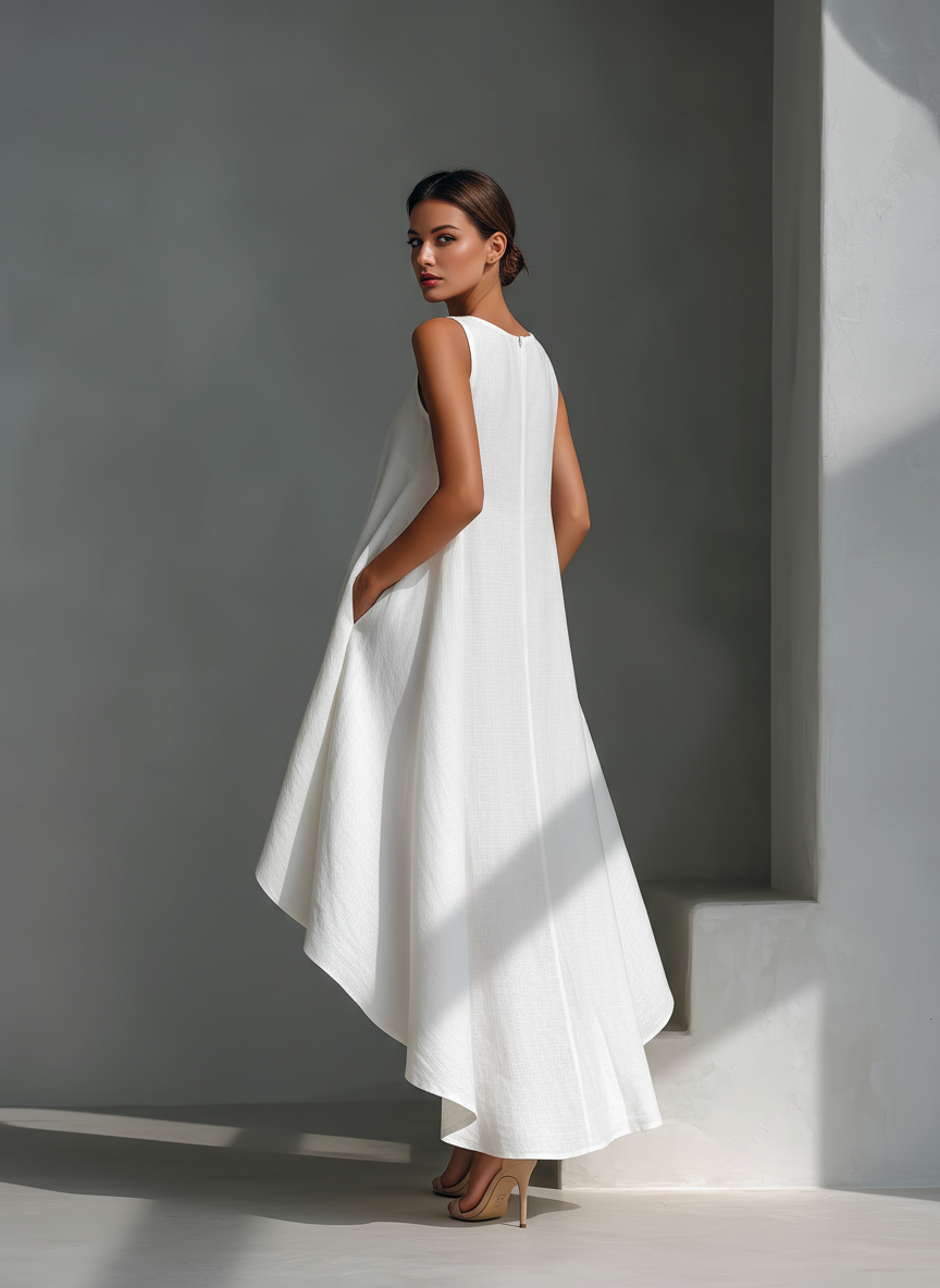 Sleeveless Midi Linen Dress for Women - Flowing and Asymmetrical