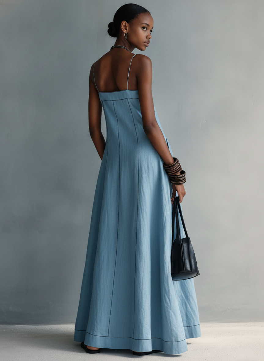 Women's Casual Blue Cotton-linen Sleeveless Camisole Maxi Dress, view 4 - Elena Harper