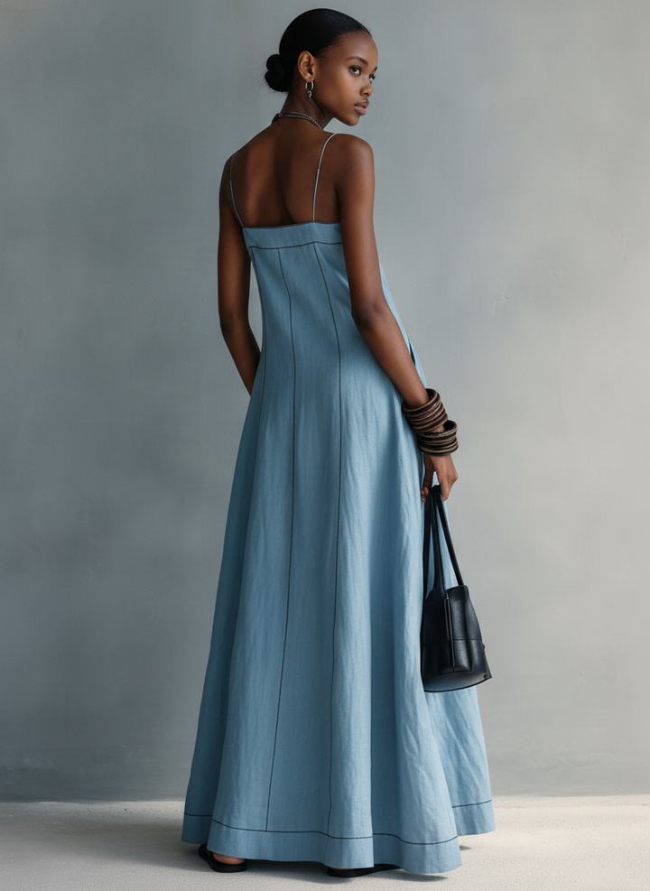 Women's Casual Blue Cotton-linen Sleeveless Camisole Maxi Dress, view 4 - Elena Harper