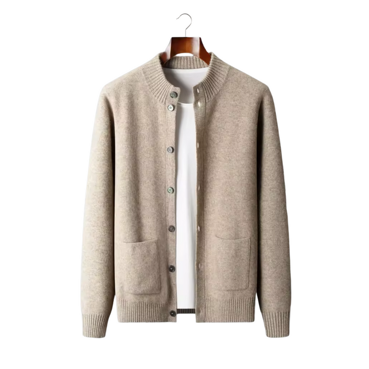 100% CASHMERE BUTTON CARDIGAN.