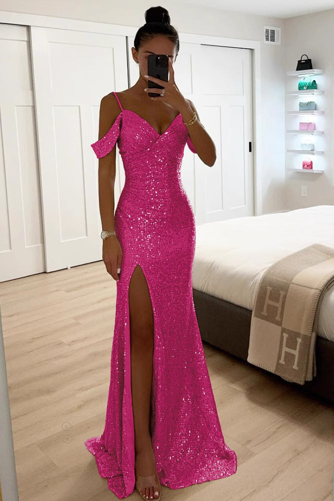 Women's Sequin Off-Shoulder Maxi Dress with High Slit