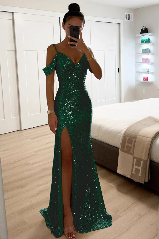 Women's Sequin Off-Shoulder Maxi Dress with High Slit