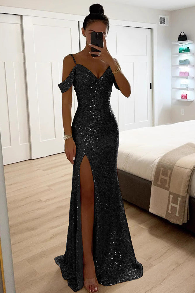 Women's Sequin Off-Shoulder Maxi Dress with High Slit