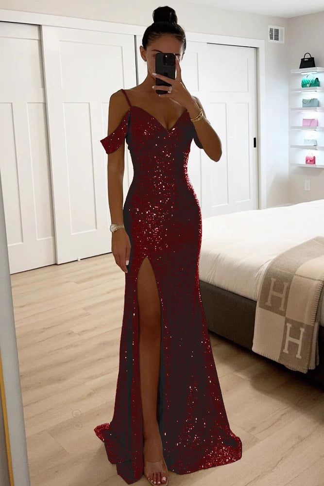 Women's Sequin Off-Shoulder Maxi Dress with High Slit