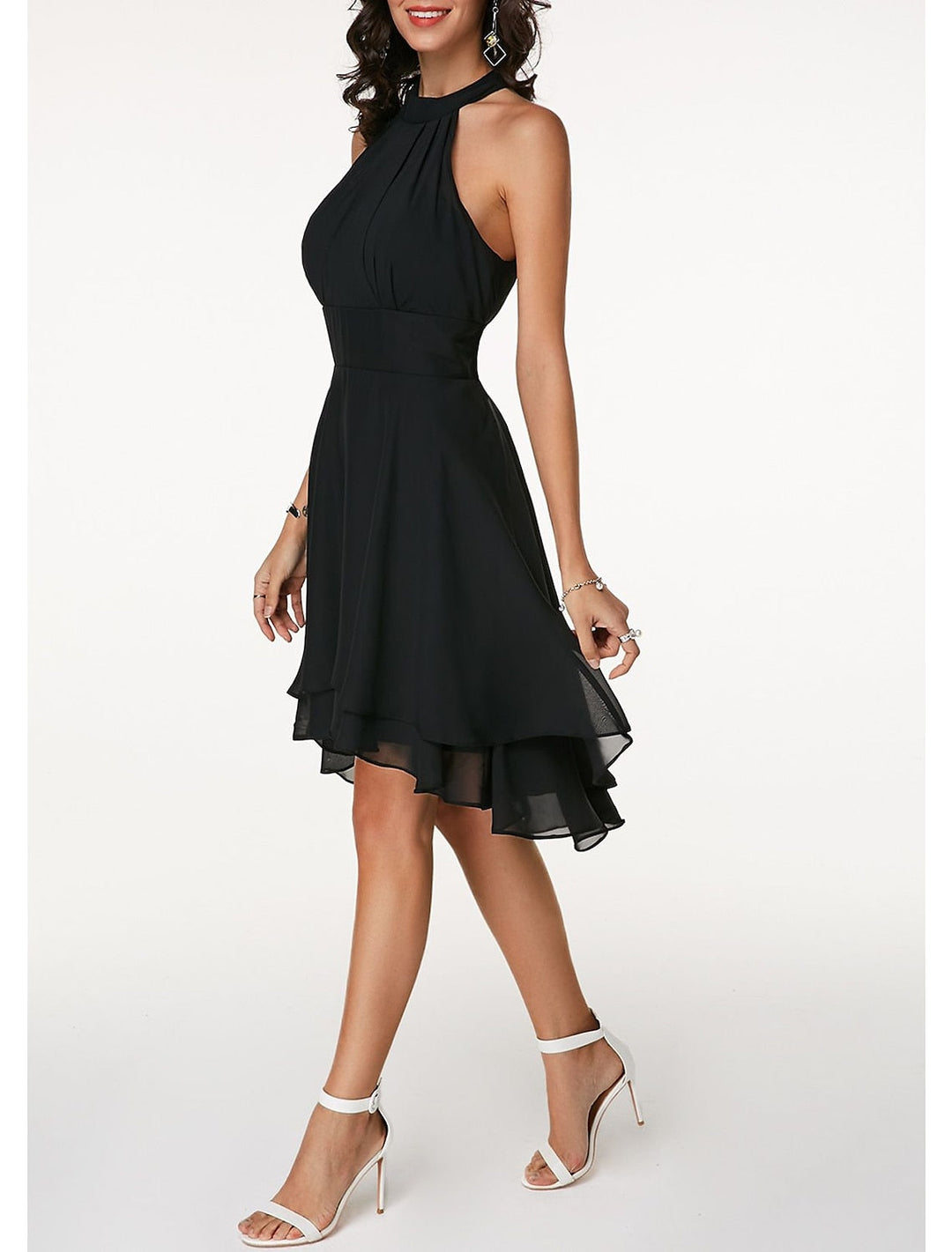 Women's Backless A-Line Cocktail Dress, Knee Length Sleeveless, Ruffled Chiffon, Festive Style - Elena Harper