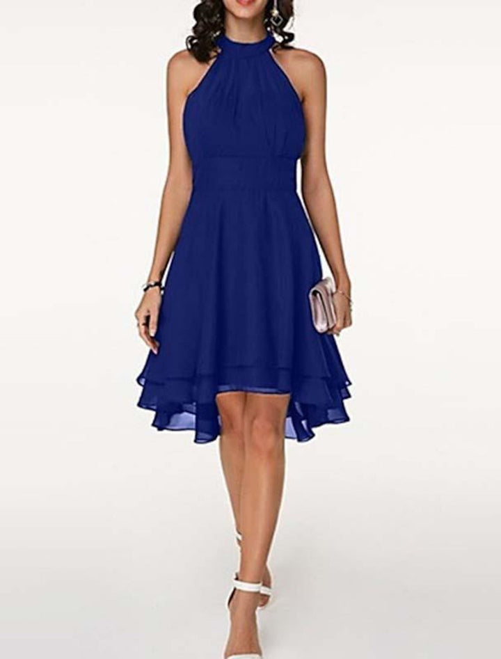 Women's Backless A-Line Cocktail Dress, Knee Length Sleeveless, Ruffled Chiffon, Festive Style, view 3 - Elena Harper