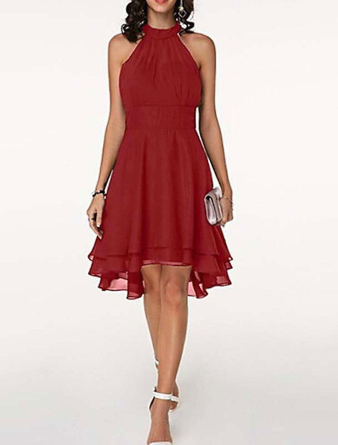 Women's Backless A-Line Cocktail Dress, Knee Length Sleeveless, Ruffled Chiffon, Festive Style, view 4 - Elena Harper