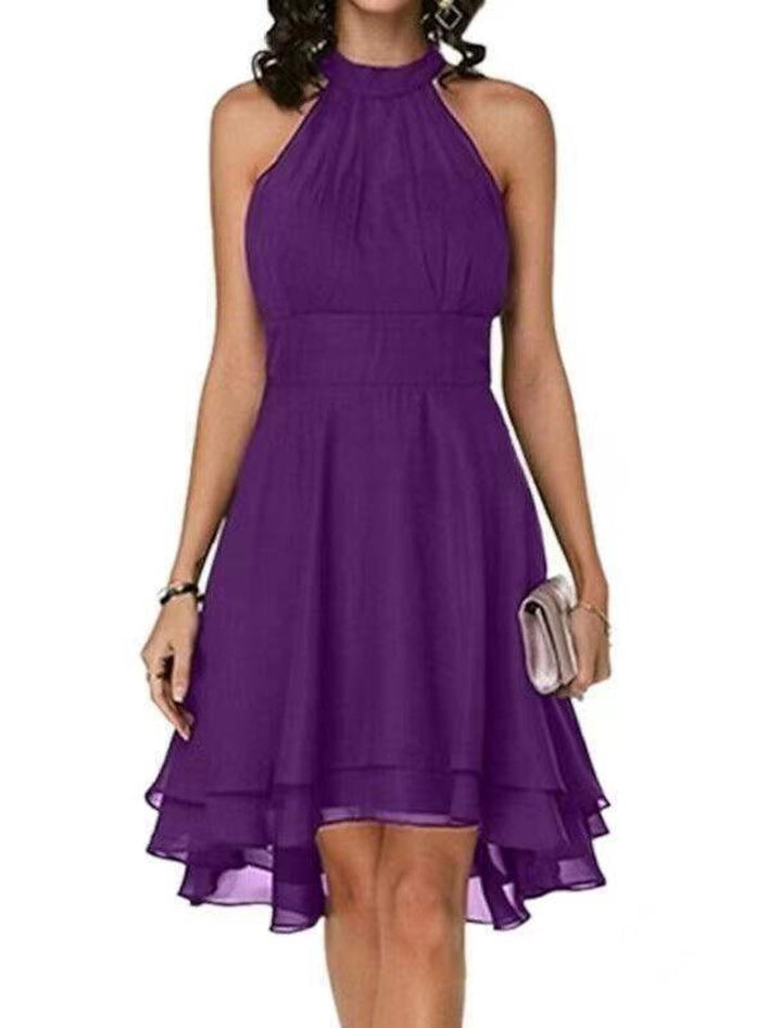 Women's Backless A-Line Cocktail Dress, Knee Length Sleeveless, Ruffled Chiffon, Festive Style, view 5 - Elena Harper