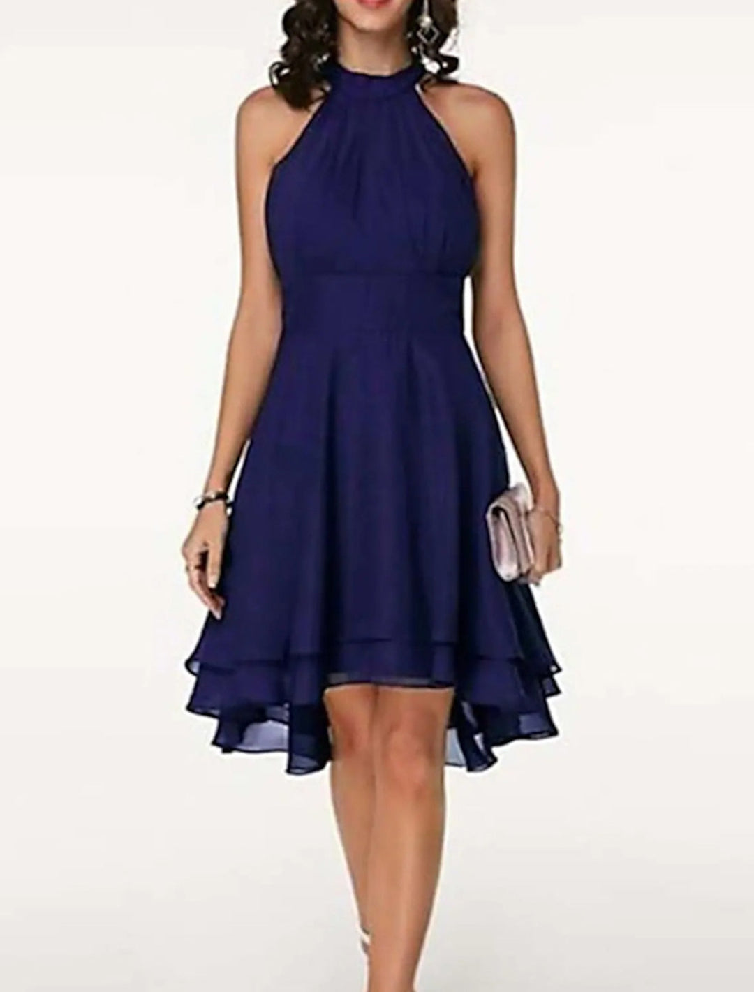 Women's Backless A-Line Cocktail Dress, Knee Length Sleeveless, Ruffled Chiffon, Festive Style, view 6 - Elena Harper