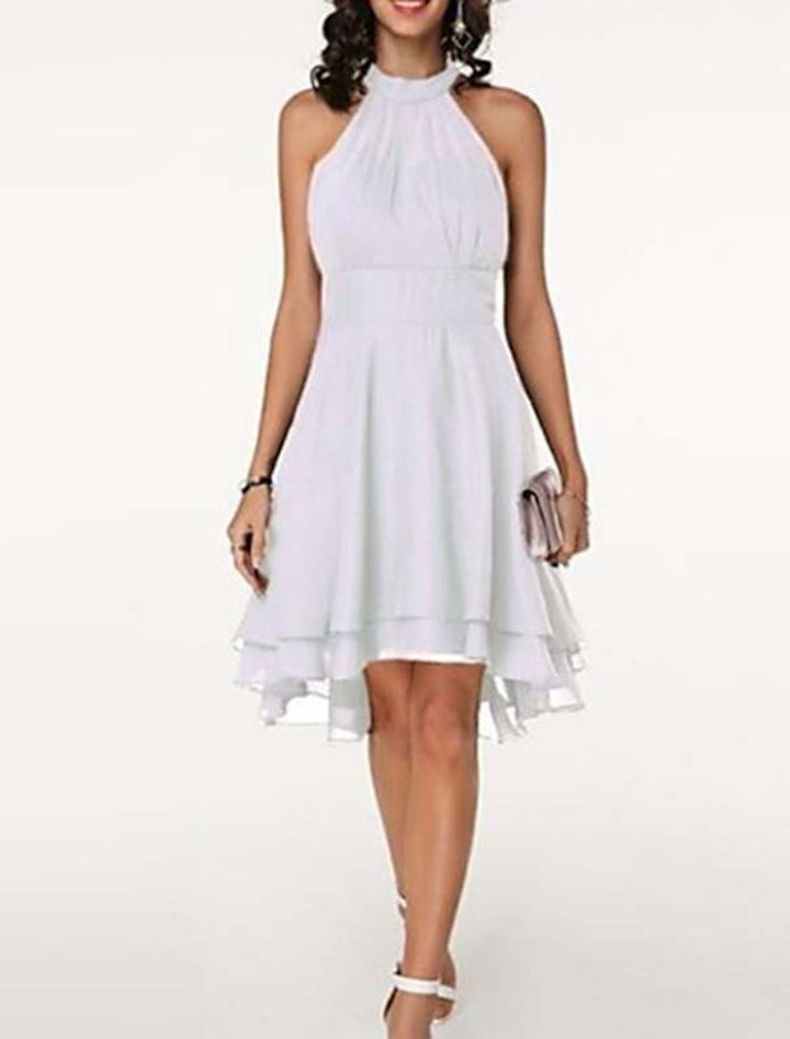 Women's Backless A-Line Cocktail Dress, Knee Length Sleeveless, Ruffled Chiffon, Festive Style, view 7 - Elena Harper