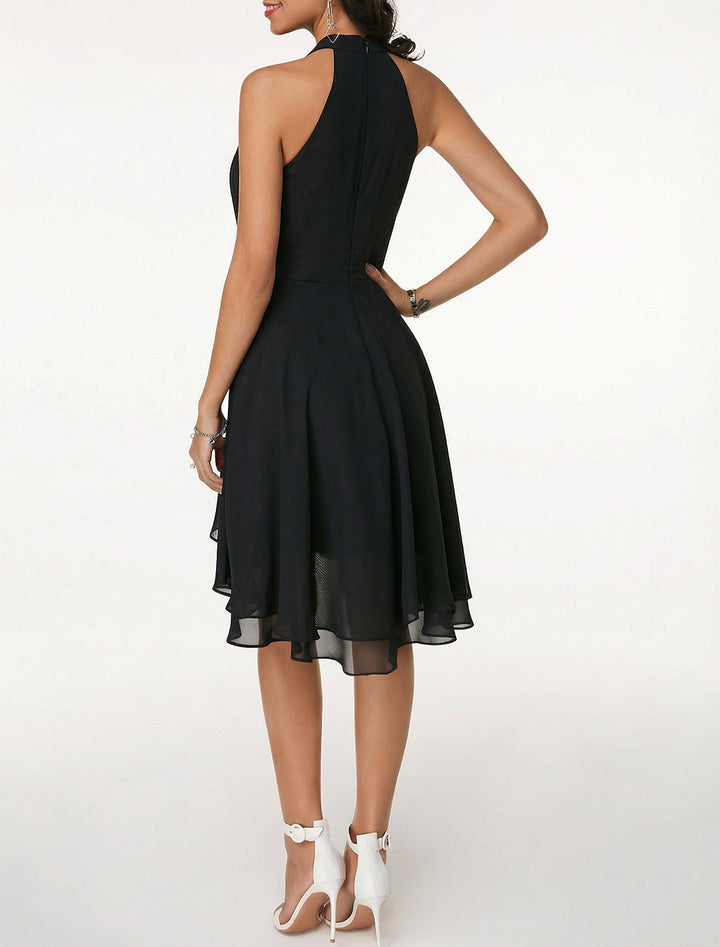 Women's Backless A-Line Cocktail Dress, Knee Length Sleeveless, Ruffled Chiffon, Festive Style, view 2 - Elena Harper