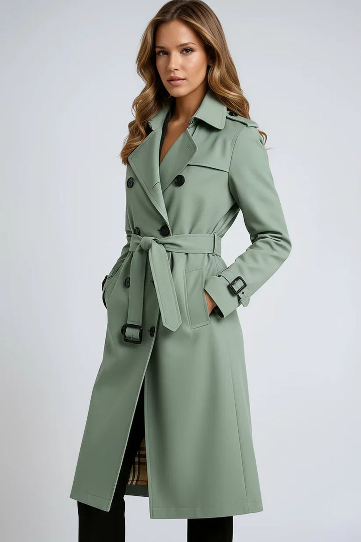 Long Women's Trench Coat with Double Button Closure