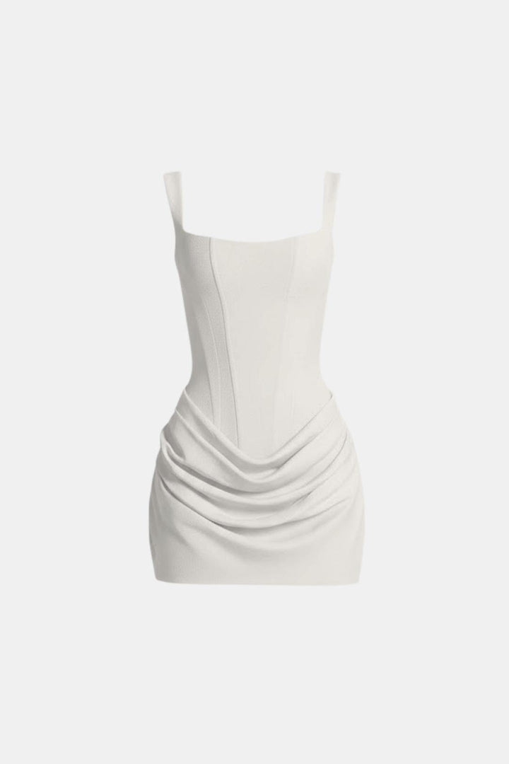 Boned Bodice Mini Dress Square Neck Cowl Skirt Lace Back Party