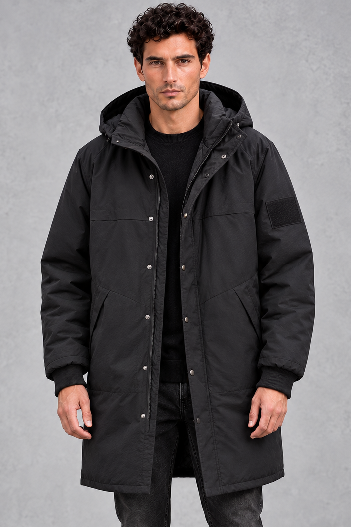 Men's Longline Hooded Parka Padded Shell & Snap-Button Placket - Elena Harper