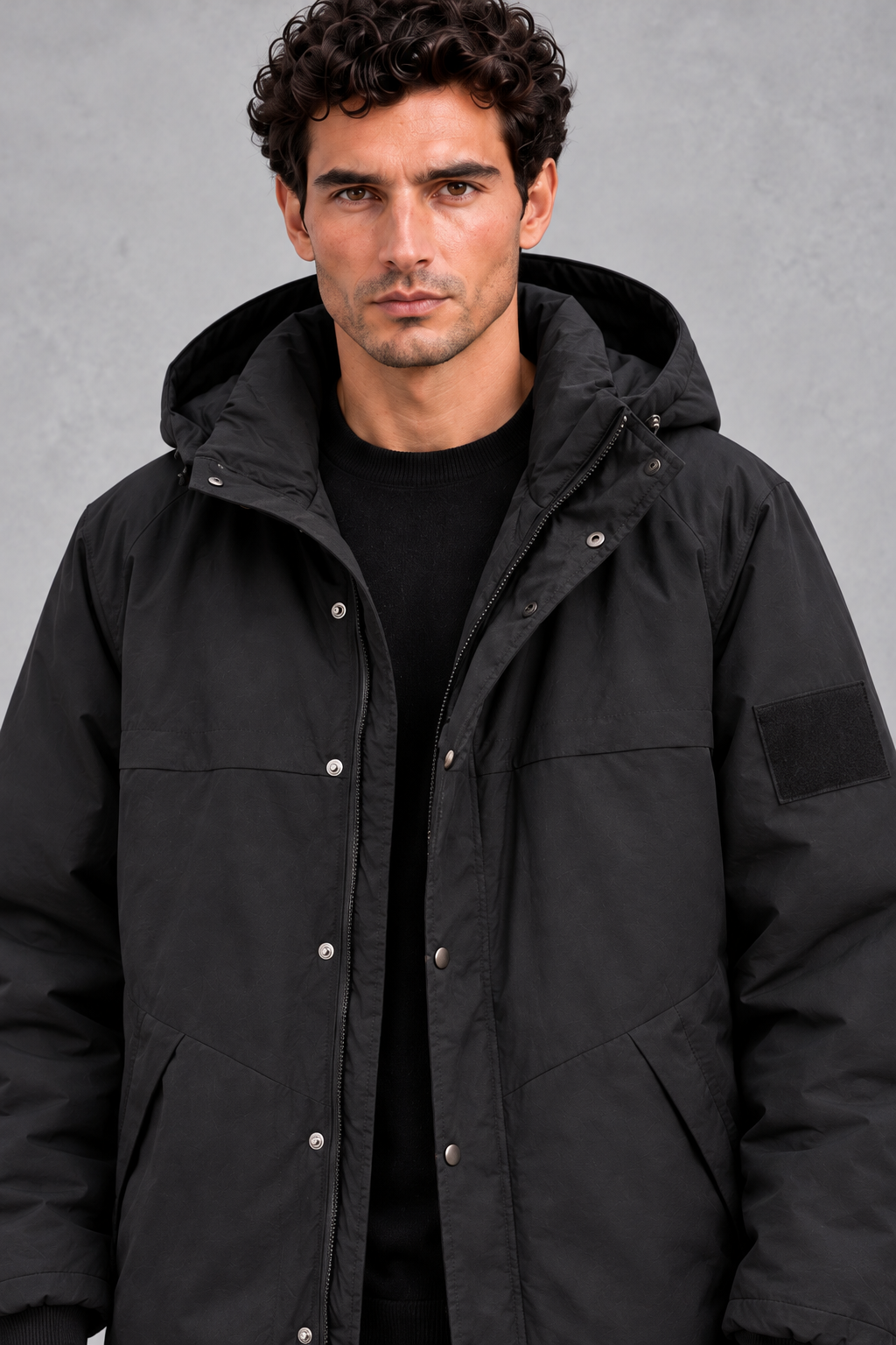Men's Longline Hooded Parka Padded Shell & Snap-Button Placket, view 3 - Elena Harper