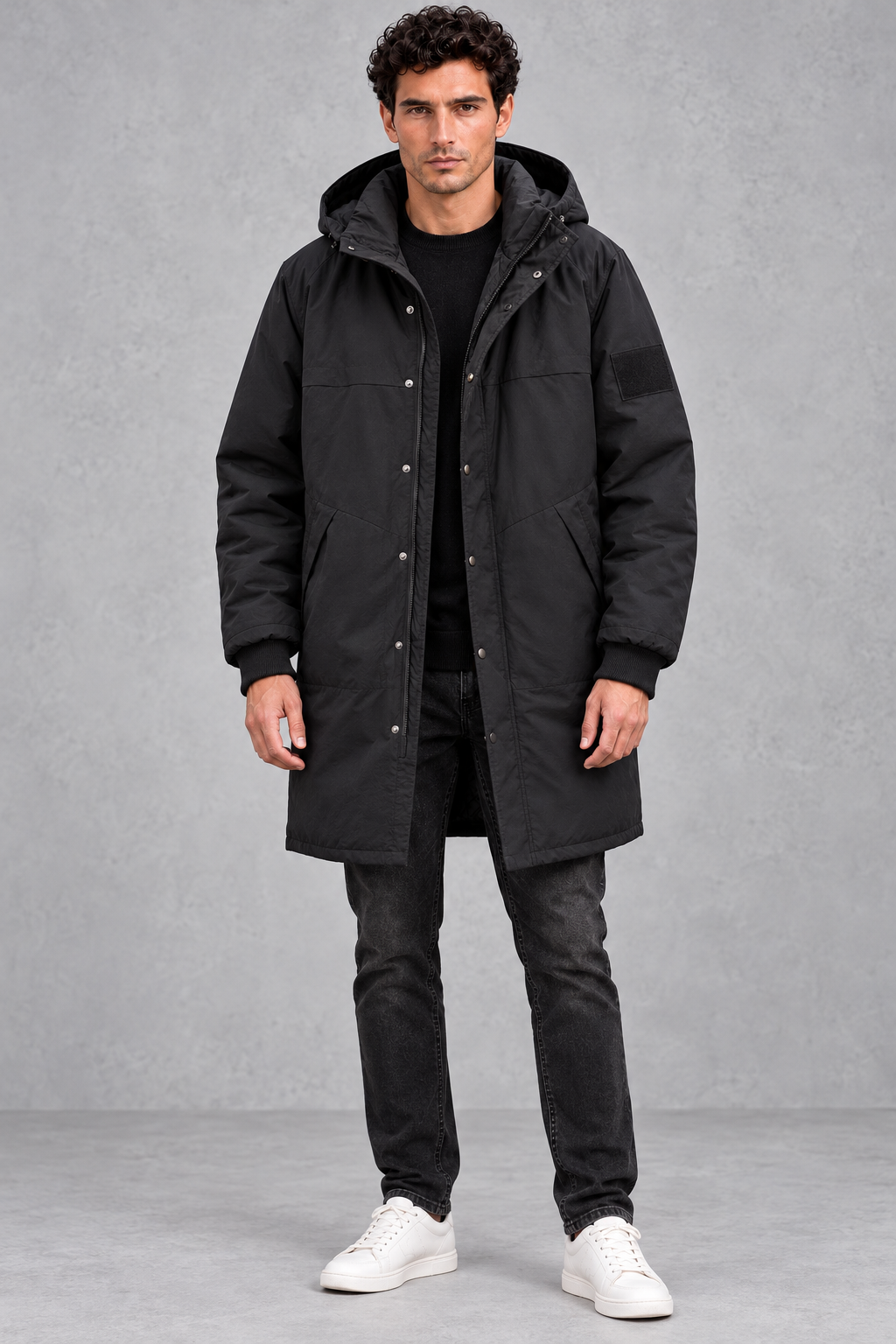 Men's Longline Hooded Parka Padded Shell & Snap-Button Placket, view 5 - Elena Harper
