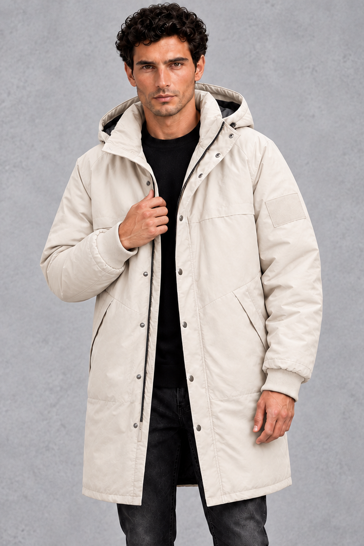 Men's Longline Hooded Parka Padded Shell & Snap-Button Placket, view 6 - Elena Harper