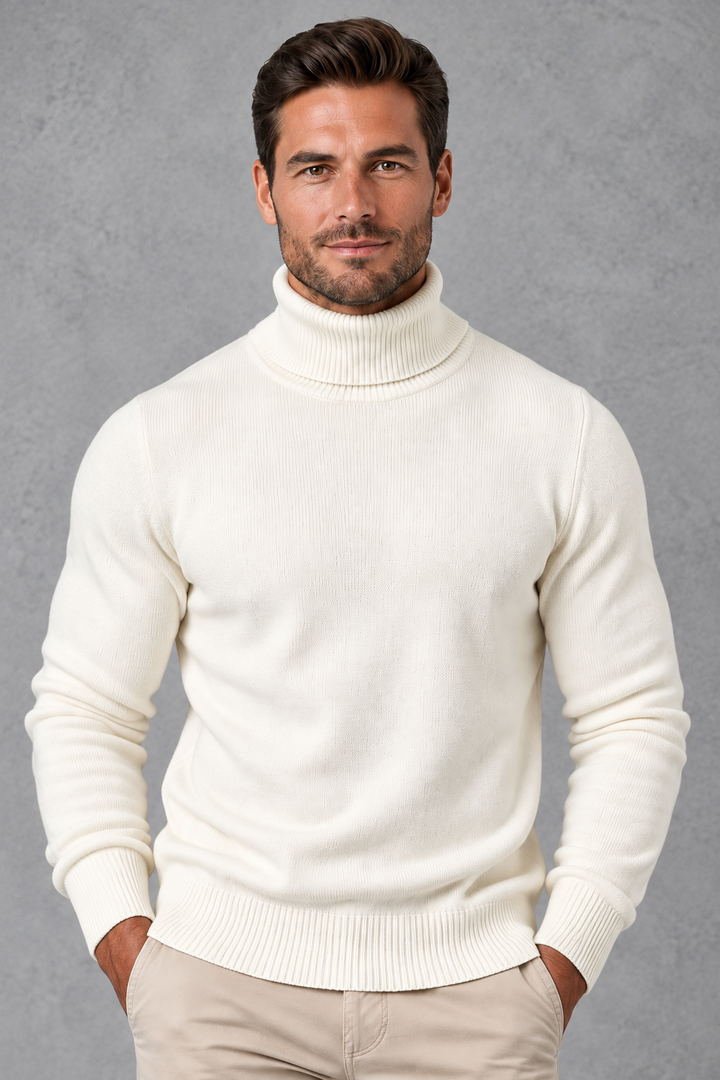 Men's Fine-Knit Roll Neck Jumper – Ribbed Trims & Tailored Fit