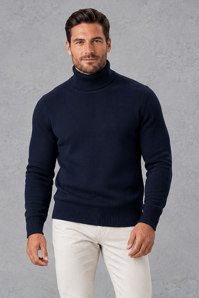 Men's Fine-Knit Roll Neck Jumper – Ribbed Trims & Tailored Fit