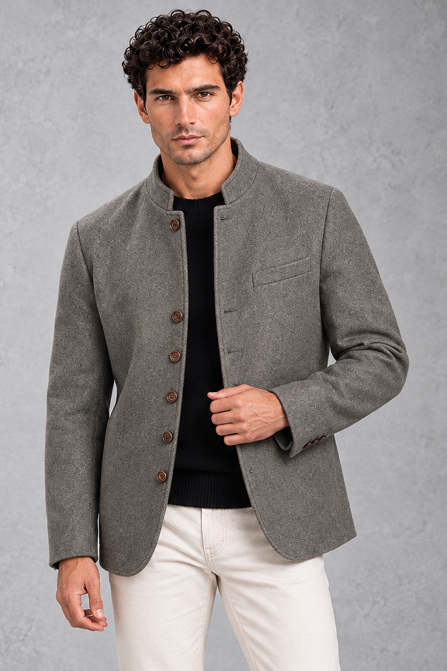 Men's Stand-Collar Jacket Brushed Finish & Six-Button Front - Elena Harper