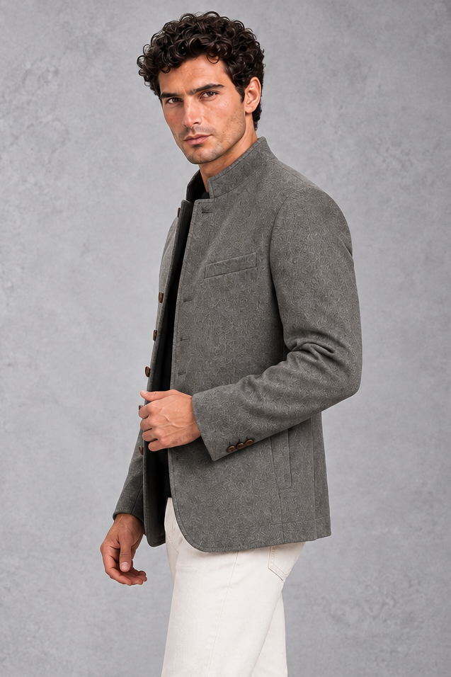 Men's Stand-Collar Jacket Brushed Finish & Six-Button Front, view 2 - Elena Harper