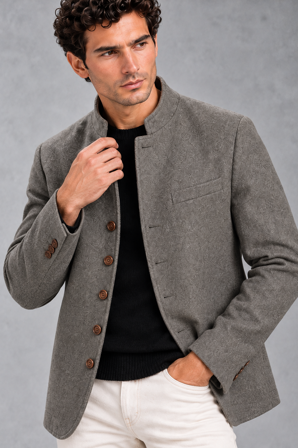 Men's Stand-Collar Jacket Brushed Finish & Six-Button Front, view 3 - Elena Harper