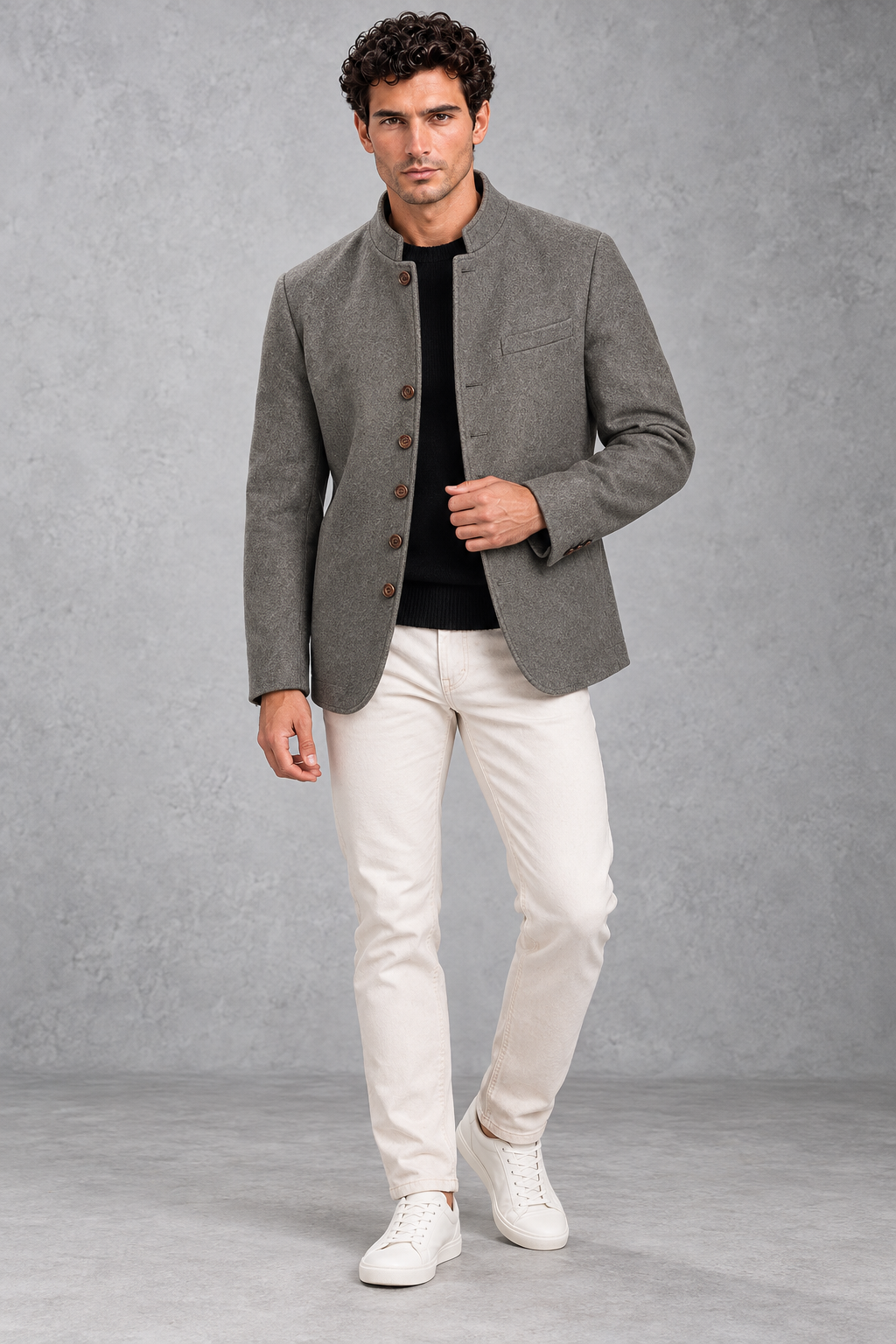 Men's Stand-Collar Jacket Brushed Finish & Six-Button Front, view 5 - Elena Harper