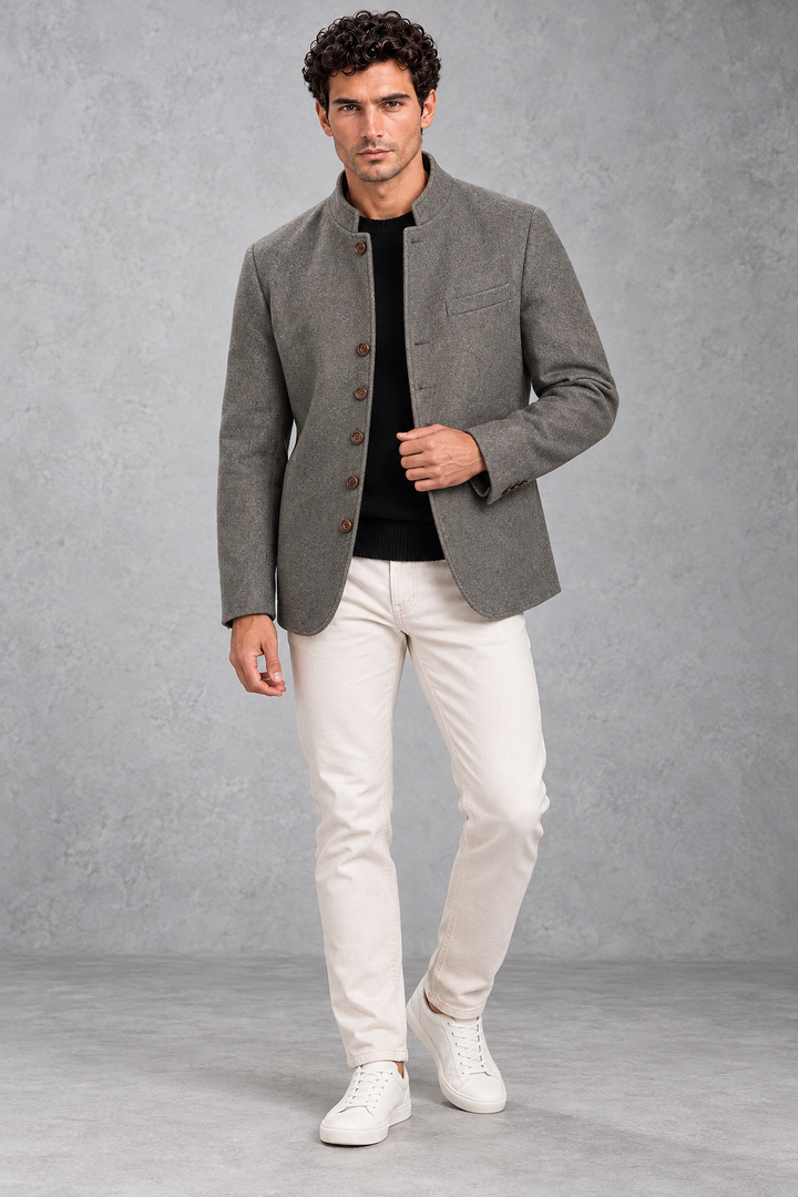 Men's Stand-Collar Jacket Brushed Finish & Six-Button Front, view 5 - Elena Harper