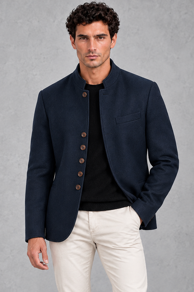 Men's Stand-Collar Jacket Brushed Finish & Six-Button Front, view 6 - Elena Harper