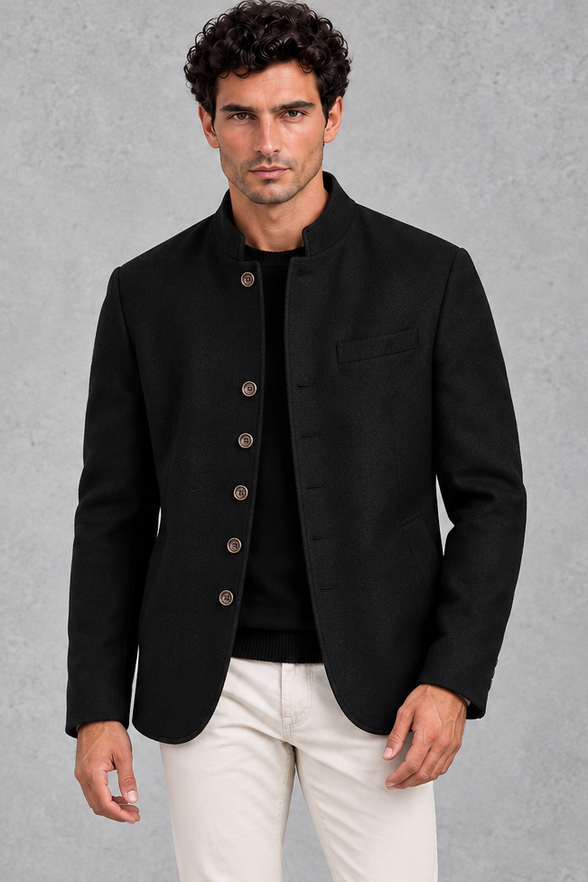 Men's Stand-Collar Jacket Brushed Finish & Six-Button Front, view 7 - Elena Harper