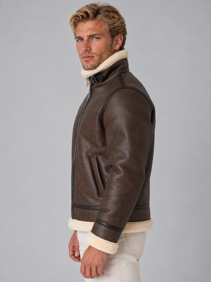 Men’s Leather Look Aviator Jacket – Sherpa Lined Full Zip Coat
