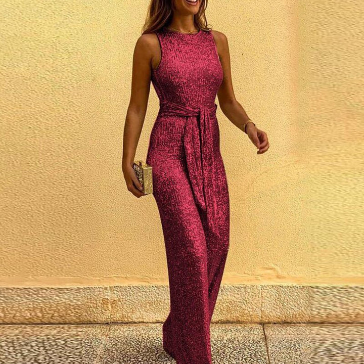 Gold Sequin Sleeveless | Wide Leg Jumpsuit Glamorous Waist Tie Party Jumpsuit | Sizes S 3XL