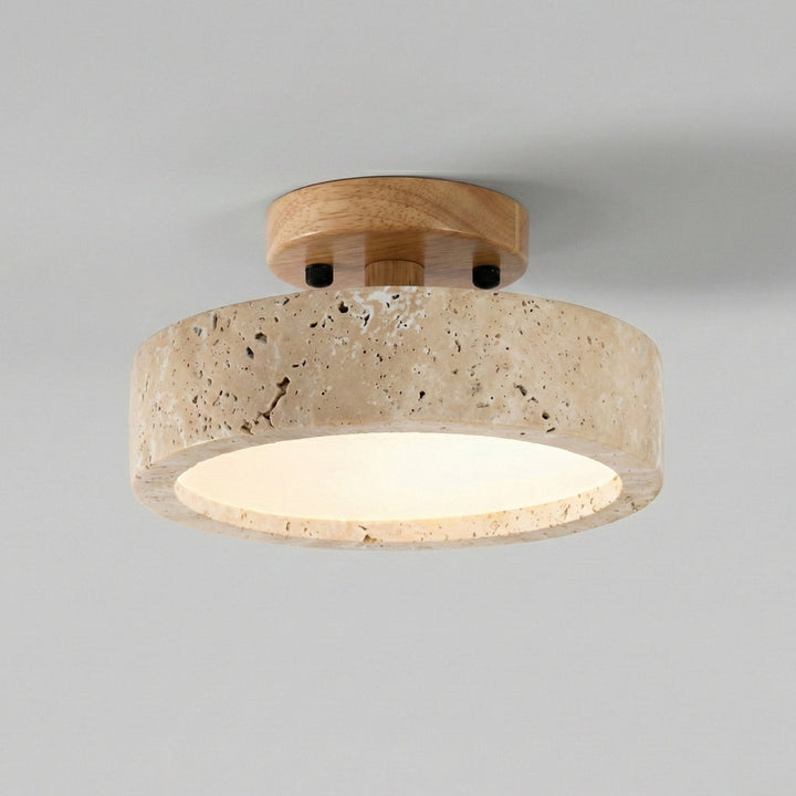 Round Ceiling Lamp Travertine with Wooden Edge – Japanese Modern Design