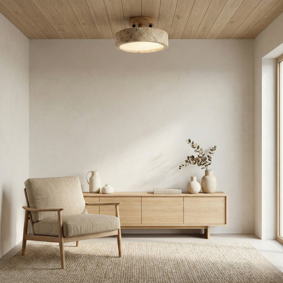 Round Ceiling Lamp Travertine with Wooden Edge – Japanese Modern Design