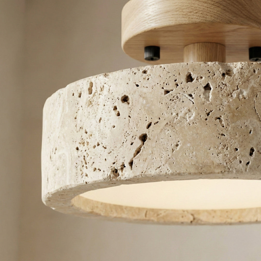 Round Ceiling Lamp Travertine with Wooden Edge – Japanese Modern Design