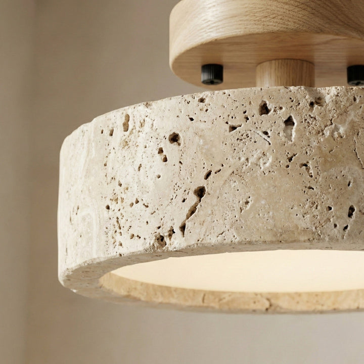 Round Ceiling Lamp Travertine with Wooden Edge – Japanese Modern Design