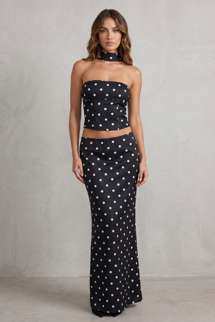 Women's Polka Dot Bandeau Top and Maxi Skirt Set Camorine, view 2 - Elena Harper