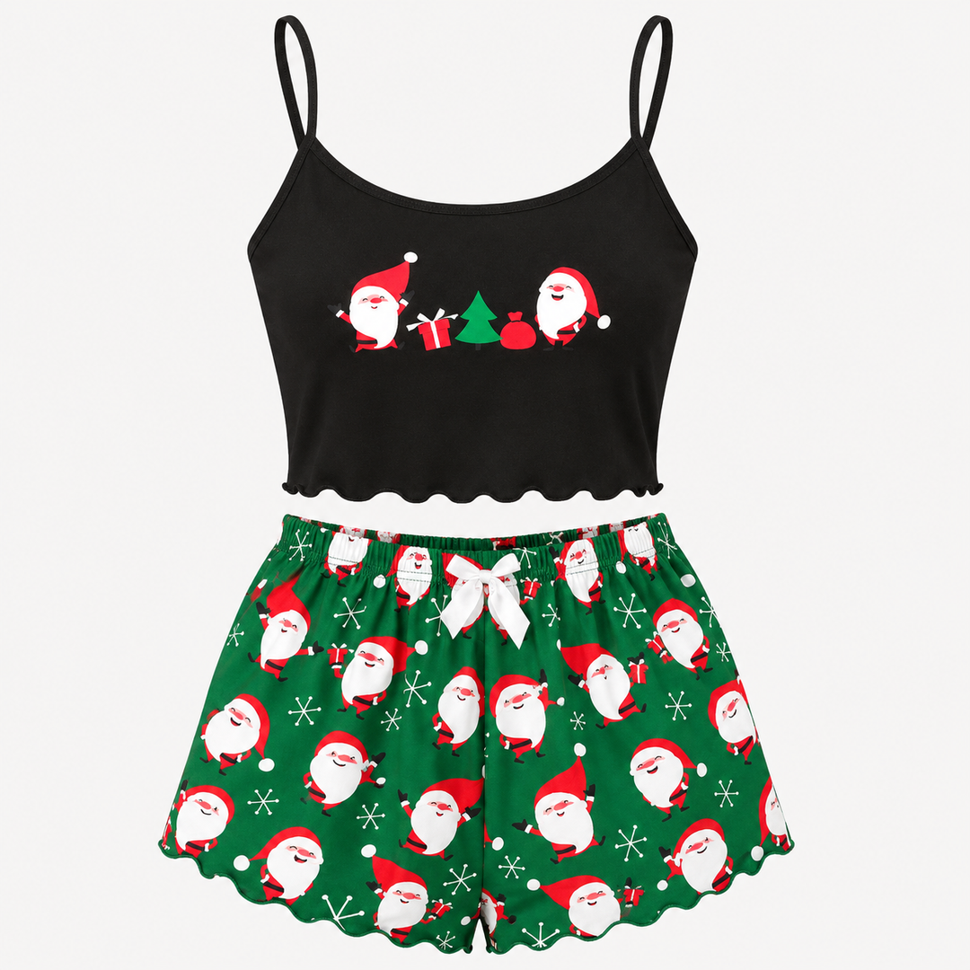 Winter Berry | Black Cami Green Santa Christmas Pyjamas For Women