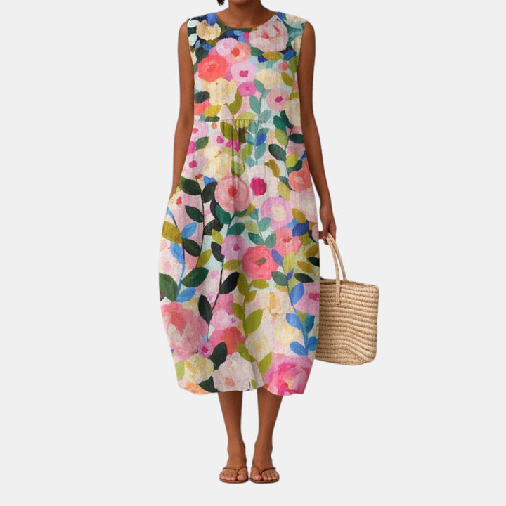 Women's Floral Midi Dress Without Sleeves in Cotton Viscose