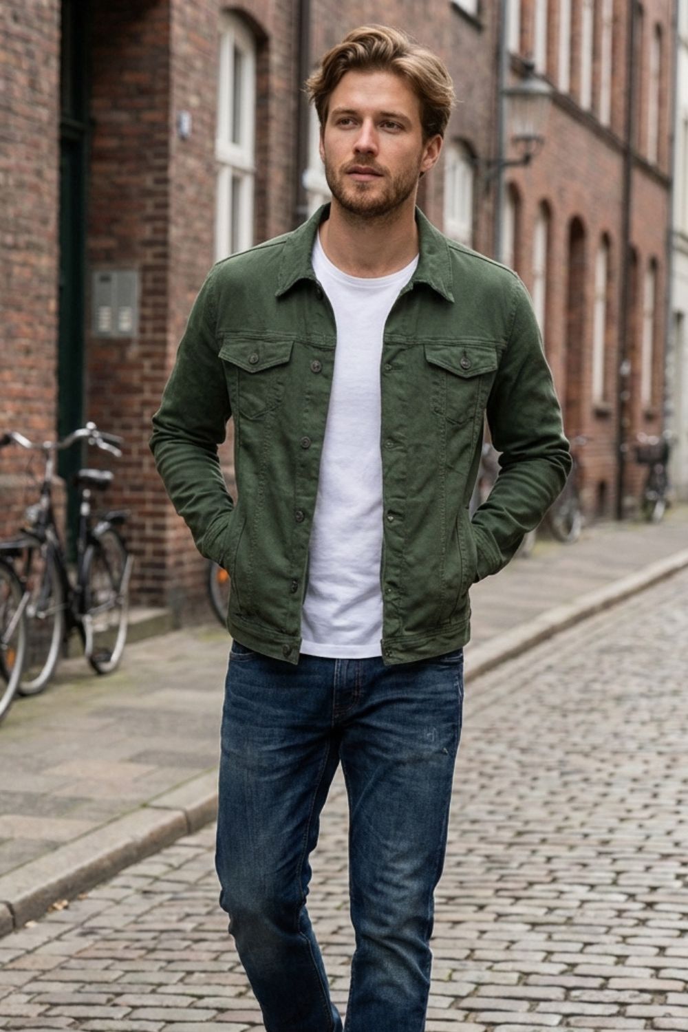 Men's Denim Jacket with Button Placket and Chest Pockets