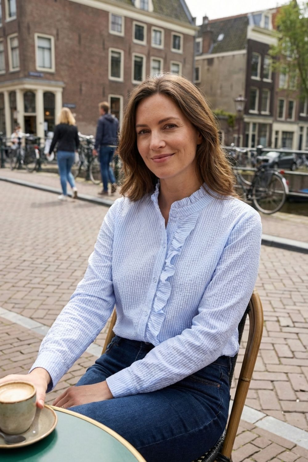 Ladies' Blouse with Ruffles and Stand-Up Collar
